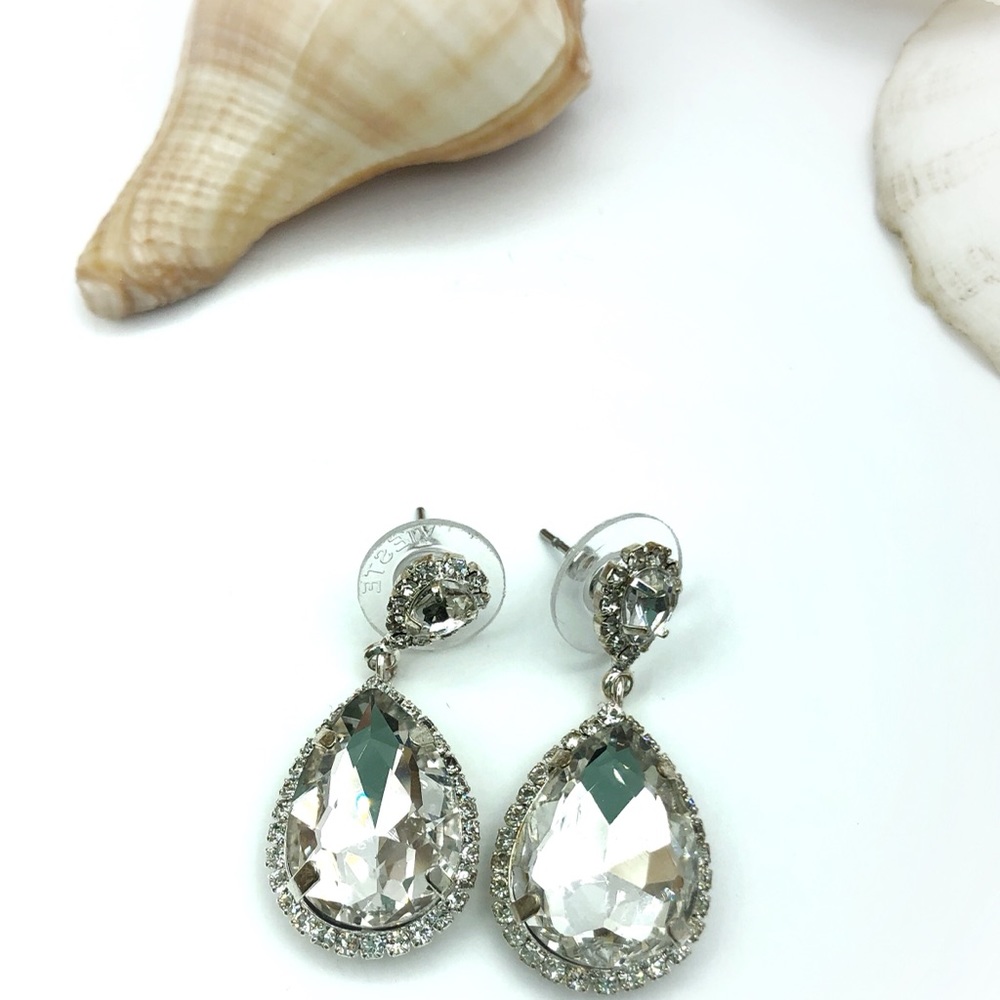 Crystal Clear Teardrop Dangle Earrings Silver Tone